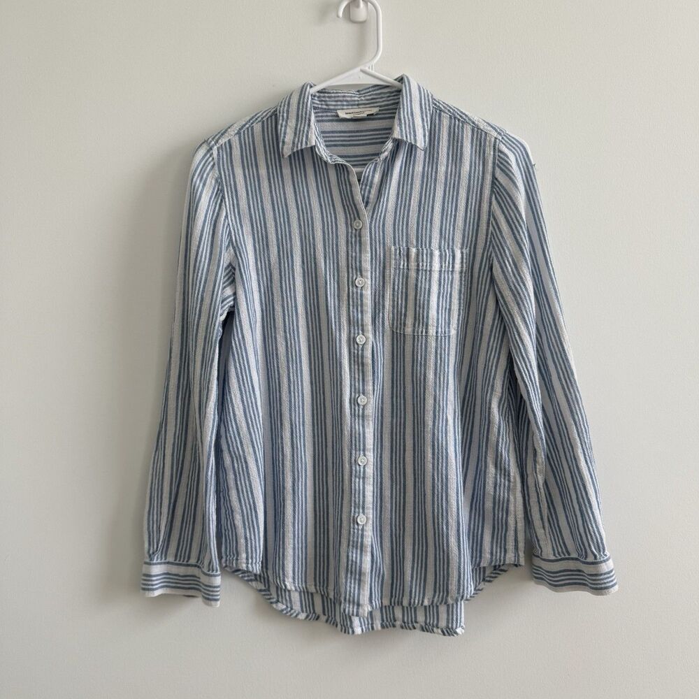 Beach Lunch Lounge Cotton Button Up Shirt Blue White Striped Cottagecore Small